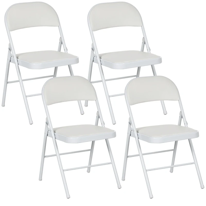 HOMCOM Set of 4 Metal Foldable Chairs, PU Leather Padded Folding Chairs with Cushion Seat and Open Back for Indoor, White