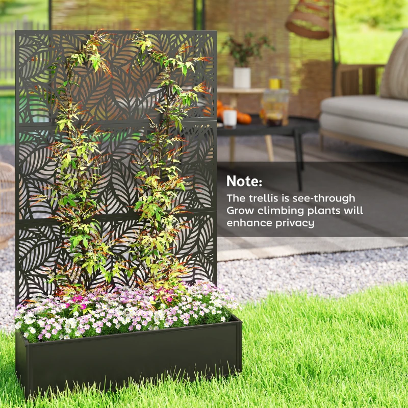 Outsunny Metal Planter Box with Trellis, 70" Raised Garden Bed with Trellis Privacy Screen for Climbing Plants, Leaves Cut-Out