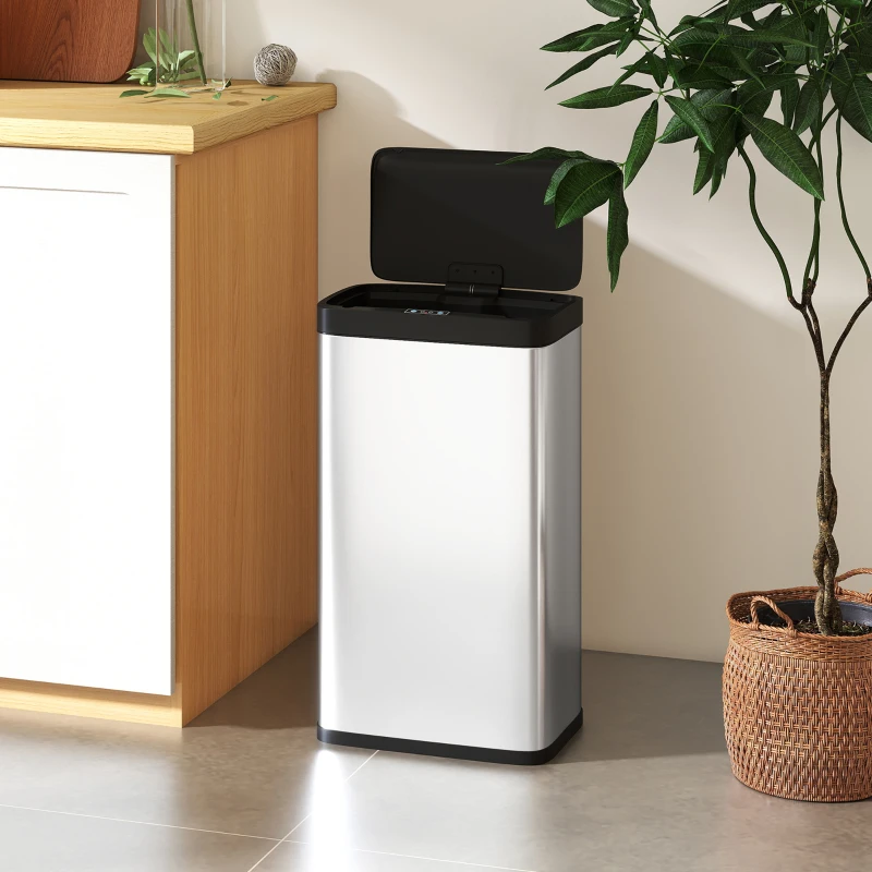 HOMCOM 12 Gallon Sensor Can, Automatic Garbage Can with Soft-Close Lid, Fingerprint-Proof Stainless Steel, Silver