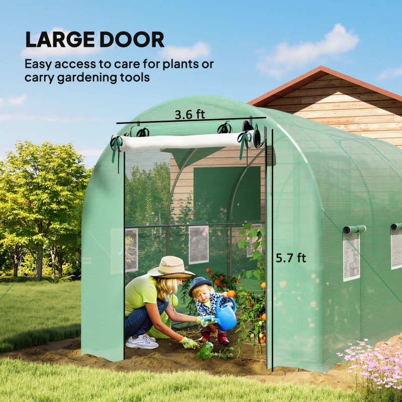 Outsunny Hoop House Greenhouse, Walk-in Tunnel Greenhouse with 2 Support Rods, Zippered Roll-up Mesh Door, 14.6'x6.5'x6.6', Green