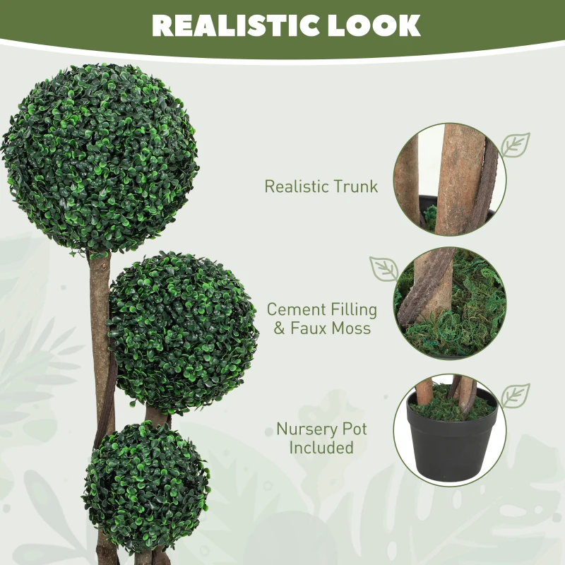 HOMCOM 35 Inch Potted Fake Plant Set of 2, Artificial Boxwood Topiary Tree, Triple Ball Tree for Indoor and Outdoor, Green