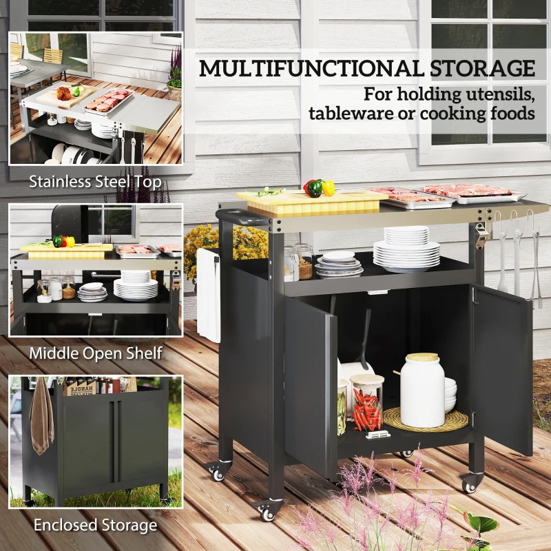 Outsunny Outdoor Grill Cart Table with Foldable Side Table, BBQ Grill Stand with Stainless Steel Top & Hooks, 45.7"x19.7", Black