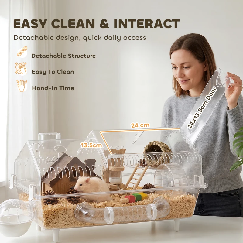 PawHut Hamster Cage with Large Wheel & Hideout, Small Animal Habitat with Accessories, Clear Pet House, 21.5" x 11.8" x 12.6",