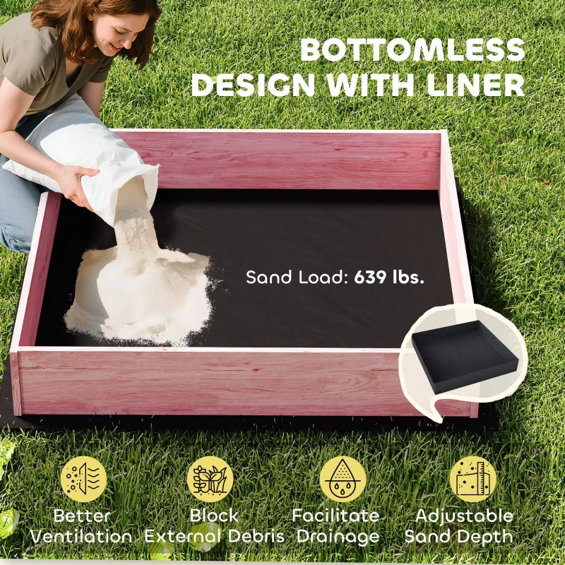 Qaba Wooden Sandbox with Cover, Kids Sandbox Outdoor with Seat, Bottom Liner, Canopy for Ages 3-6, Flamingos Print, Pink