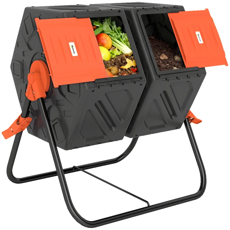 Outsunny Rotating Composter, Dual Chamber Compost Bin with 24 Vents and Steel Legs, 34.5 Gallon, Orange