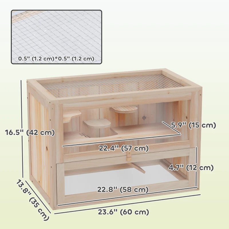 PawHut 24 Inch Hamster Cage, 2 Levels Small Animals Habitat Pet House with Openable Roof, Run Space, Platforms, Natural Wood