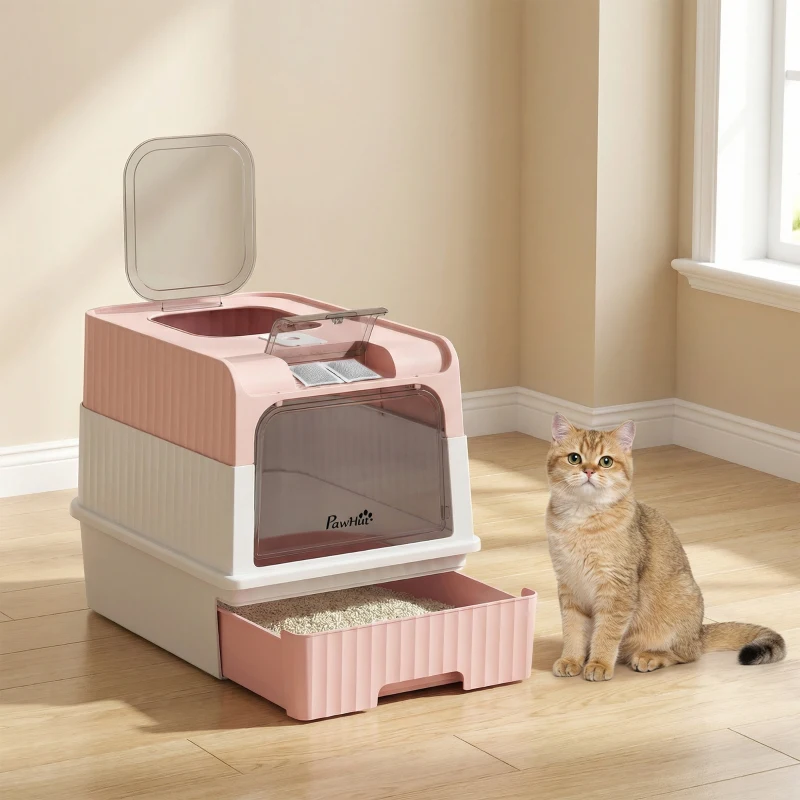 PawHut Cat Litter Box Hooded Cat Litter Tray with Drawer Pan Front Entry & Top Exit Easy Cleaning Pink