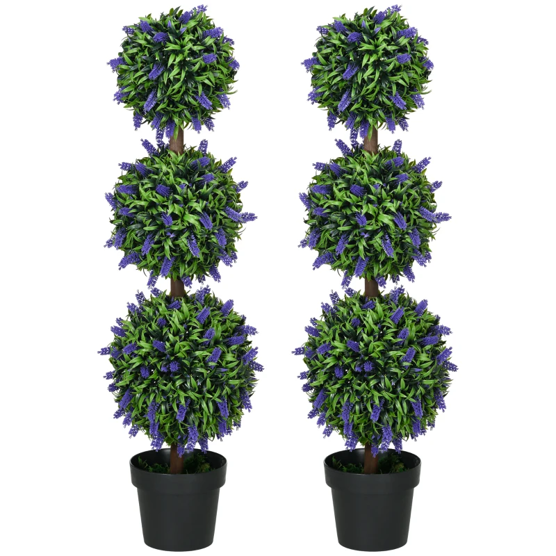 HOMCOM 3.5ft Set of 2 Artificial Plants, Lavender Flowers Ball Trees with Pot, for Home Indoor Outdoor Decor
