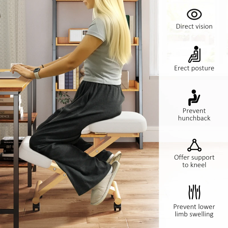 HOMCOM Ergonomic Kneeling Chair, Posture Chair with Rubberwood Frame, Wheels for Office, Posture Correction, Cream White