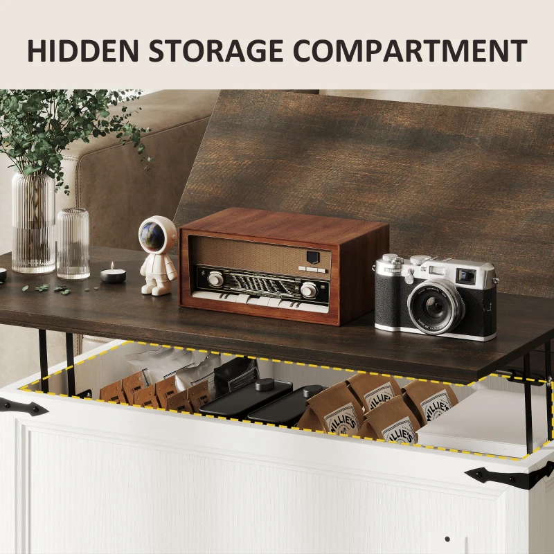 HOMCOM Lift Top Coffee Table with Charging Station, Square Farmhouse Center Table with Hidden Storage, White Wood Grain