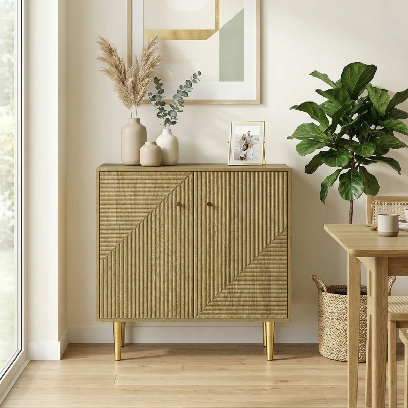 HOMCOM Sideboard with Adjustable Shelf, Buffet Cabinet with 2 Doors and Gold Steel Legs for Dining Room, Oak