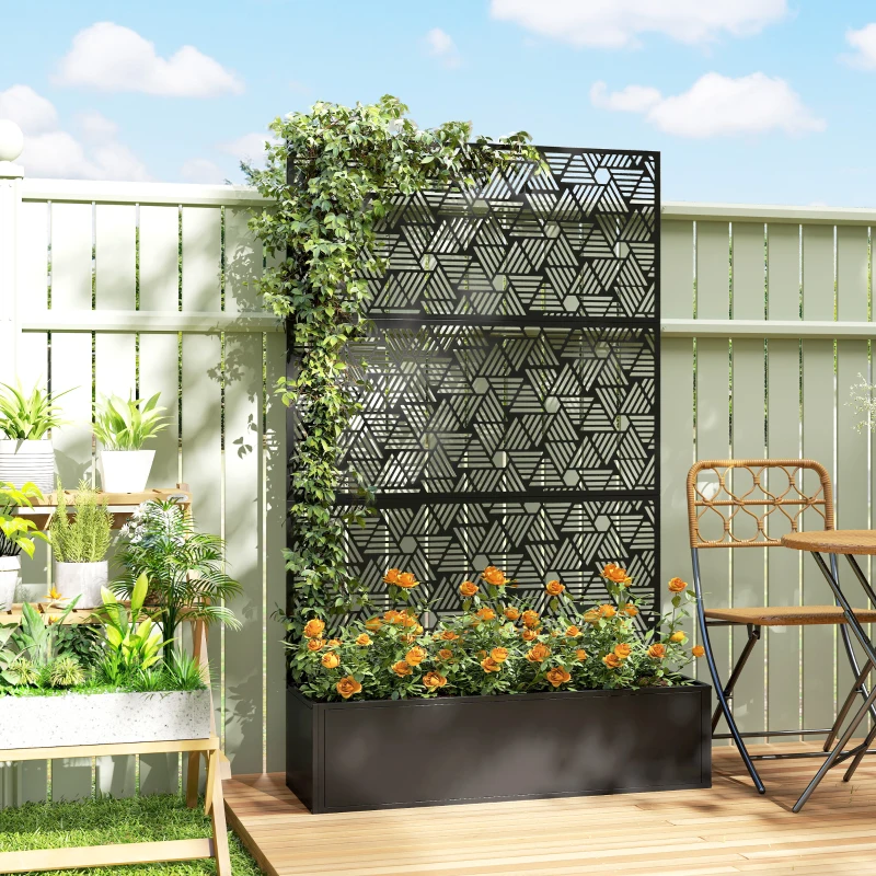 Outsunny Metal Planter Box with Trellis, 70" Tall Raised Garden Bed with Privacy Screen, Hexagon and Line Cut-Out