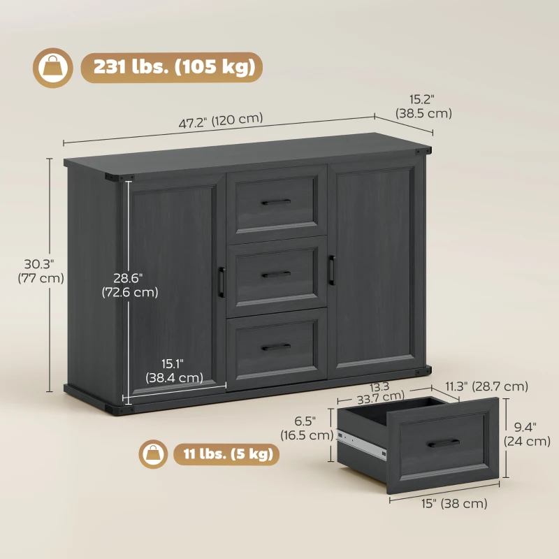 HOMCOM Sideboard with 3 Drawers and 2 Doors, 47" Buffet Cabinet with Adjustable Shelves for Kitchen, Black Wood Grain