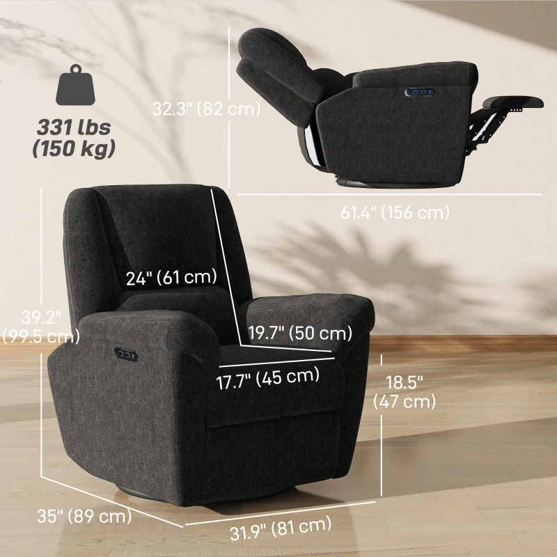 HOMCOM Power Recliner Chair, Fabric Upholstered Recliner Chair with USB Ports, Swivel and Rocking Function, Footrest, Black