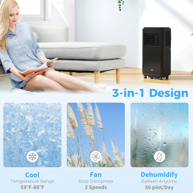 HOMCOM 10,000 BTU Moible Air Conditioner 440 Sq. Ft., Dehumidifier Fan Auto Sleep with 24H Timer On/Off, Window Kit, Black
