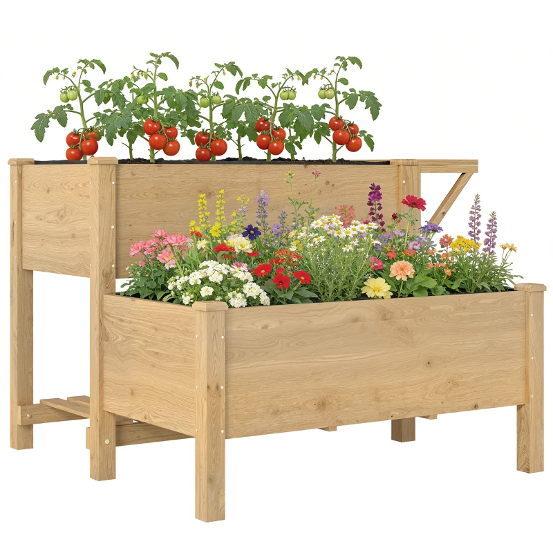 Outsunny Wooden Raised Garden Bed, 2-Tier Raised Planter with Storage Shelf, Side Board, Drainage Holes and Liner