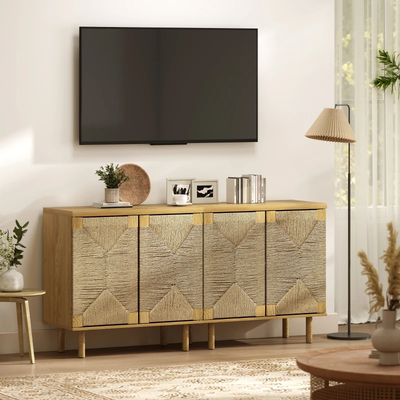 HOMCOM Handwoven Rope Accent Cabinet Boho Sideboard Buffet Cabinet with Push to Open Doors Adjustable Shelf Pine Wood Legs Oak