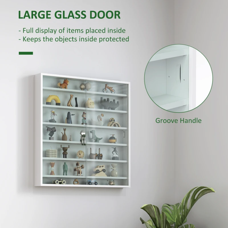 HOMCOM 7-Tier Display Cabinet, Shot Glass Display Case, Glass Curio Cabinet with 2 Glass Doors and 6 Adjustable Shelves, White