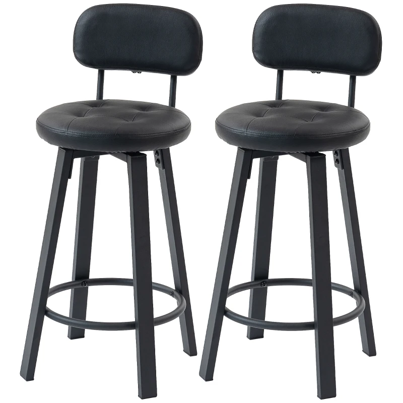HOMCOM Bar Stools Set of 2, Upholstered Breakfast Bar Chairs with Footrest and Backrest for Kitchen Counter, Black