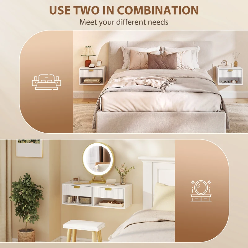 HOMCOM Set of 2 Wall Mounted Bedside Tables, Floating Nightstands with Fluted Drawer and Open Shelf for Bedroom, White