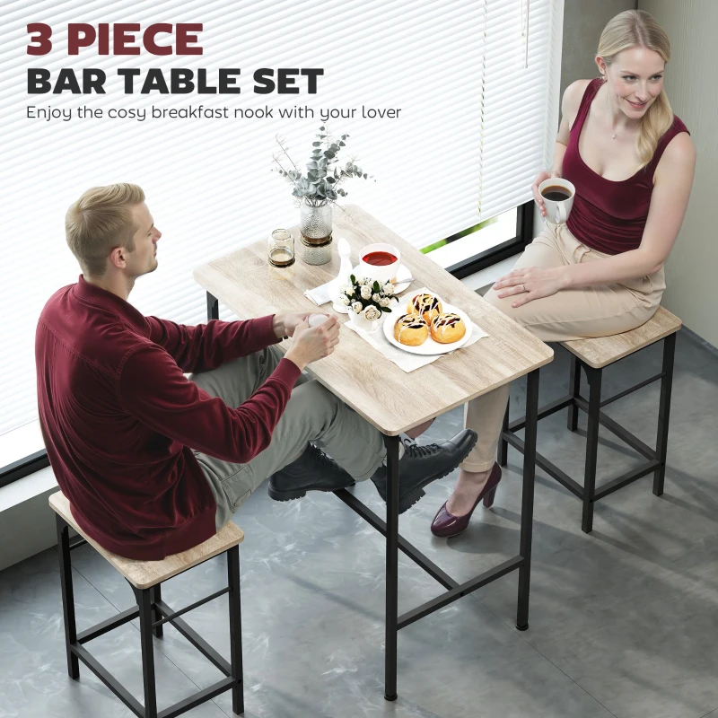 HOMCOM 3-Piece Dining Table Set for 2, Bar Table and 2 Stools for Kitchen, Living Room, Dining Room, Small Space, Natural Wood