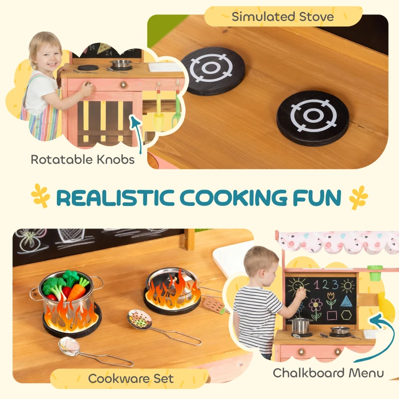 Qaba Kids Mud Kitchen with Canopy, Outdoor Wooden Play Kitchen with Planter Box, Accessories for Age 3-6, Pink