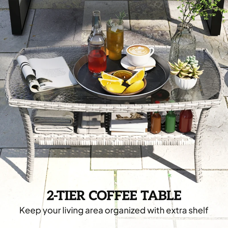 Outsunny Outdoor Coffee Table with Storage Shelf, PE Wicker Patio Table with Glass Top for Garden, Backyard, Dark Grey