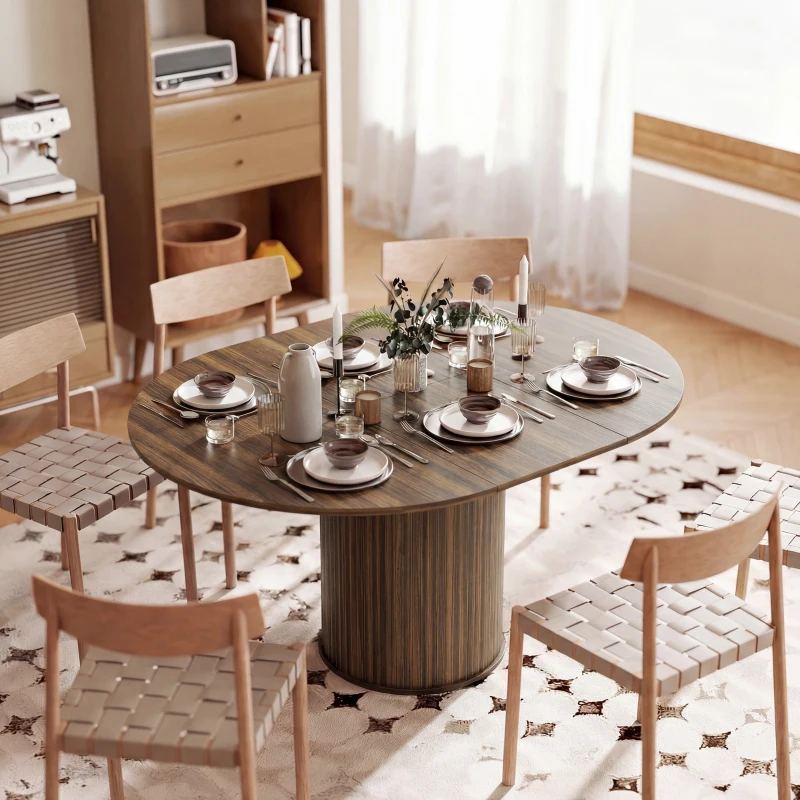 HOMCOM Extendable Kitchen Table for 6-8, 43.5"-59" Farmhouse Dining Table with Pedestal Base Walnut Wood Grain