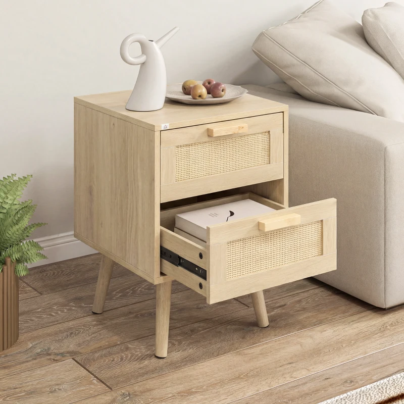 HOMCOM Boho Design Nightstand Set of 2, Side End Table with 2 Drawers for Living Room, Bedroom