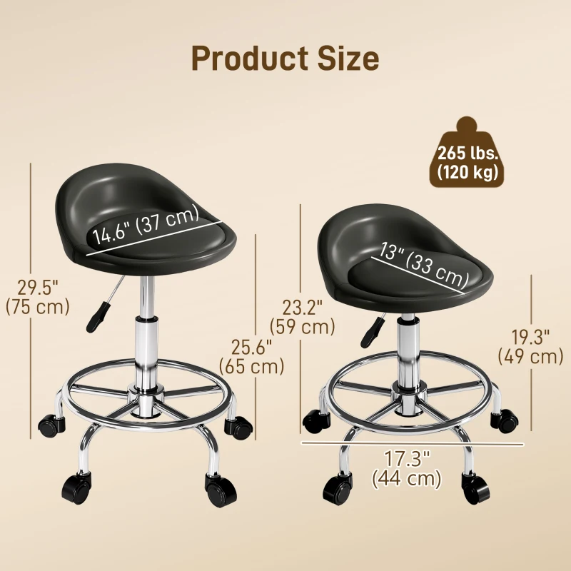 HOMCOM PU Leather Rolling Stool, Height Adjustable Swivel Salon Chair with Backrest and Foot Rest for Spa, Tattoo, Black