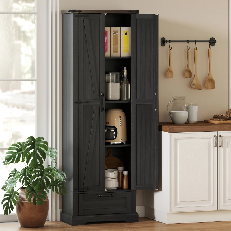 HOMCOM 71" Pantry Cabinet, Kitchen Storage Cabinet with Adjustable Shelves, Barn Doors and Drawer for Dining Room, Black