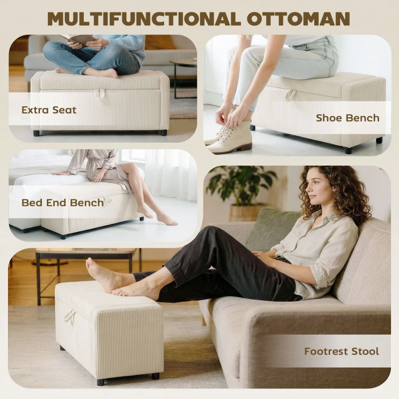 HOMCOM Storage Ottoman, Upholstered Corduroy End of Bed Bench with Thick Padding, Storage Bench for Bedroom, Beige