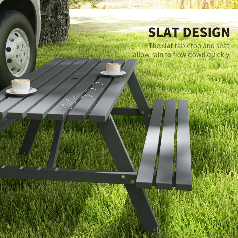 Outsunny Wood Picnic Table, Camping Table and Bench Set with Umbrella Hole for Outdoor, Garden, Patio, Backyard, Grey
