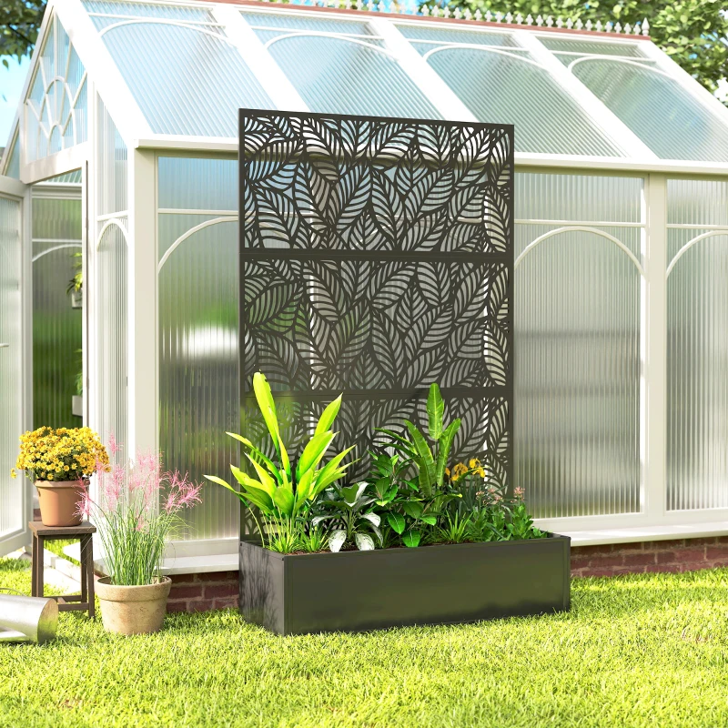 Outsunny Metal Planter Box with Trellis, 70" Raised Garden Bed with Trellis Privacy Screen for Climbing Plants, Leaves Cut-Out