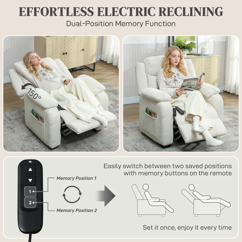 HOMCOM Massage Recliner Chair, Power Recliner with Quiet Brushless Motor, Remote, Pockets, 2 Memory Positions, Beige
