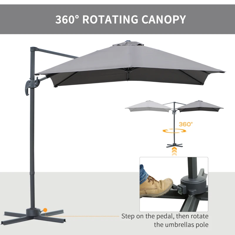 Outsunny 8' x 8' Square Patio Hanging Offset Umbrella Aluminum Outdoor Cantilever Crank Market Parasol Garden Sun Canopy Shelter 360° Rotation w/ Cross Base Grey