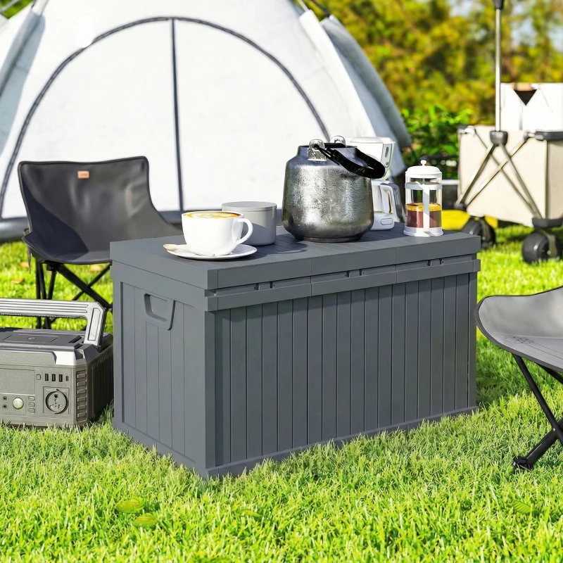 Outsunny 70 Gallon Deck Box, Resin Outdoor Storage Box with Handles, Waterproof Storage Container for Garden Tools, Dark Grey