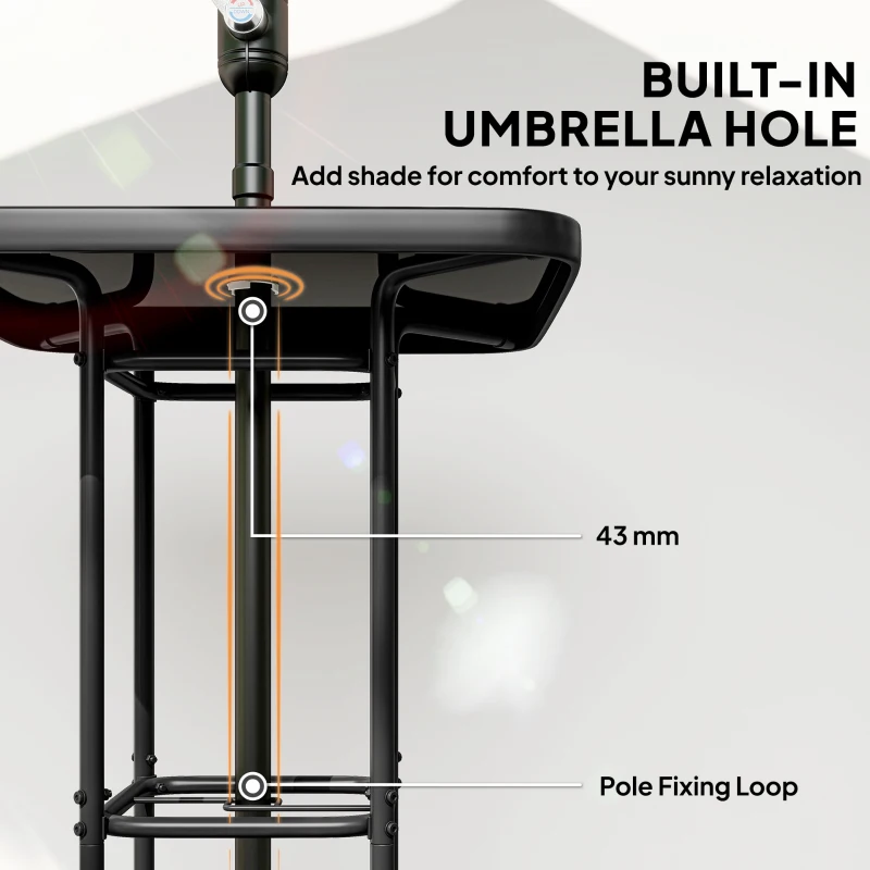 Outsunny Outdoor Bar Table with Umbrella Hole, 41.3" Bar Height Patio Table with Glass Top and Metal Frame, Black