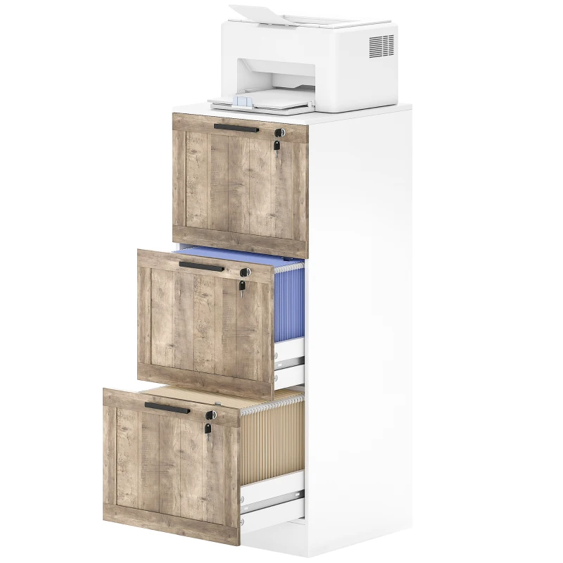HOMCOM 3 Drawer Filing Cabinet, Farmhouse File Cabinet with Lock, Adjustable Hanging Rails for A4 Letter Size Files, White