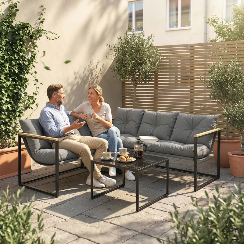 Outsunny 4 Piece Patio Furniture Set with Thick Cushions and Coffee Table, Patio Conversation Set for Porch, Balcony, Deck, Grey