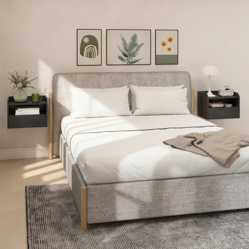 HOMCOM Wall Mounted Bedside Table, Set of 2 Floating Nightstand with Charging Station, Drawer and Open Shelf for Bedroom, Black