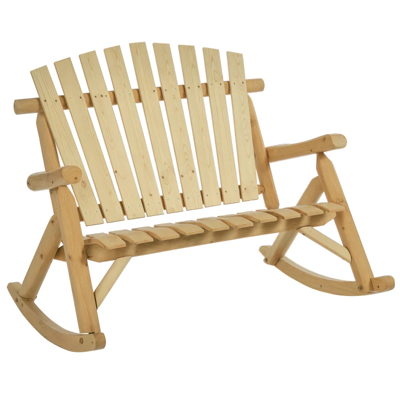 Outsunny Wooden Adirondack Rocking Chair, Outdoor Rustic Double Rocking Chair with Slatted Design for 2 Persons, Suit for Garden, Balcony, Porch, Natural Wood