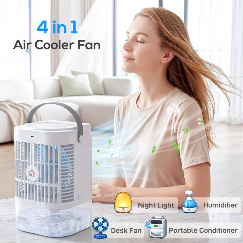 HOMCOM Portable Air Conditioner, 4-in-1 Mini Air Cooler with 4 Wind Speed, 2 Mist Mode, RGB 7 LED Light