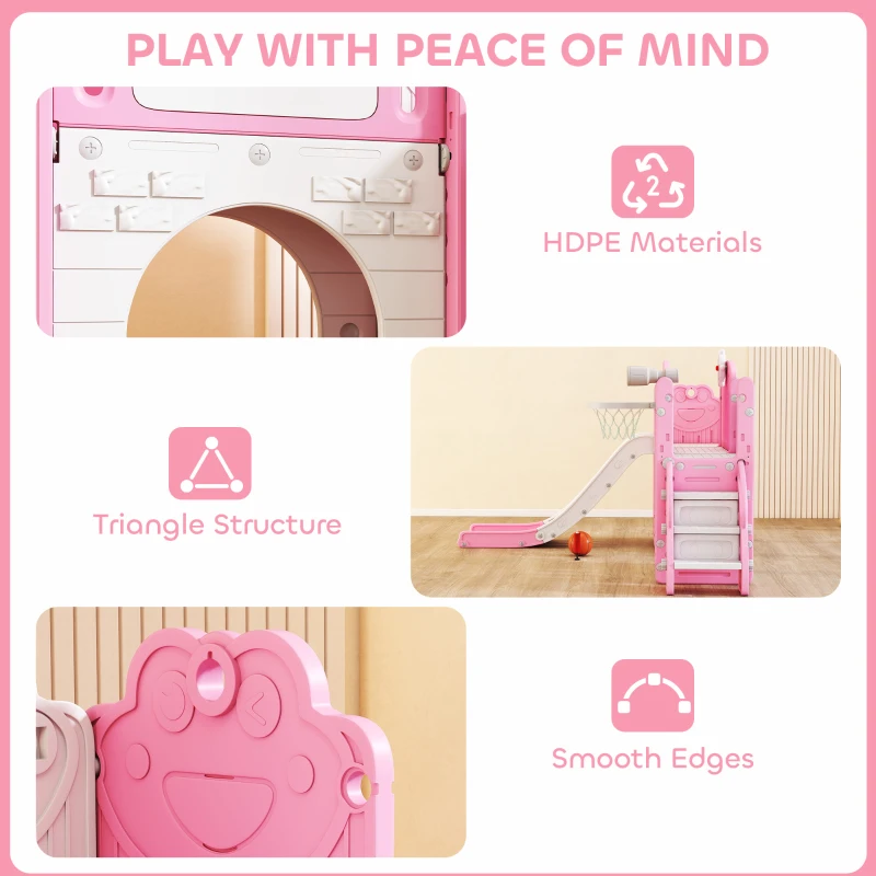 Qaba 7 in 1 Toddler Slide with Basketball Hoop, Climbing Frame, Telescope, Drawing Board, Storage Box for Ages 1-3, Pink