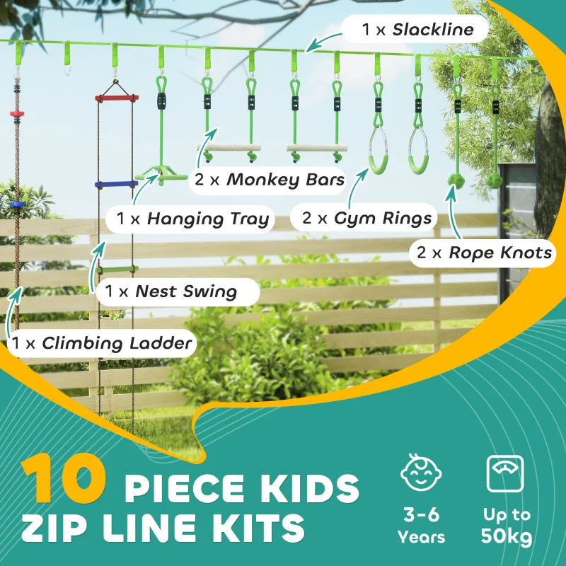 Qaba Obstacle course for Kids, with 10-Piece Slackline Kit with Monkey Bars, Gym Rings, Rope Ladder, Nest Swing, Hanging Tray