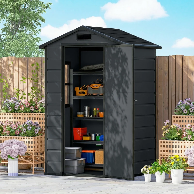 Outsunny 4' x 3' Plastic Garden Shed with Floor, Outdoor Small Shed with Lockable Door, Window and Vent, Dark Grey