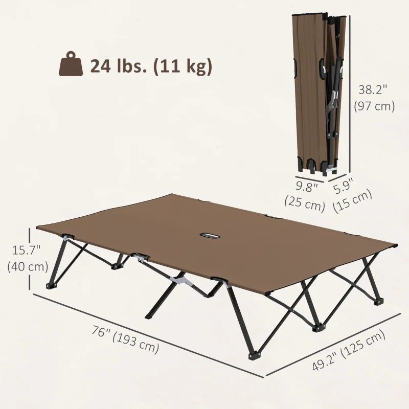 Outsunny 76" Two Person Folding Camping Cot Outdoor Portable Double Cot Wide Military Sleeping Bed w/ Carrying Bag Khaki