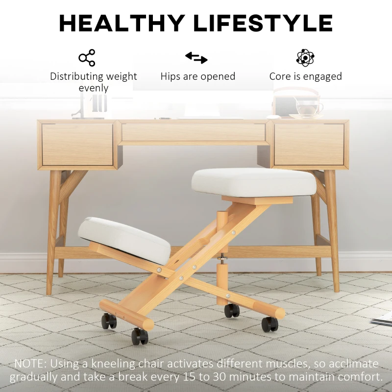 HOMCOM Ergonomic Kneeling Chair, Posture Chair with Rubberwood Frame, Wheels for Office, Posture Correction, Cream White