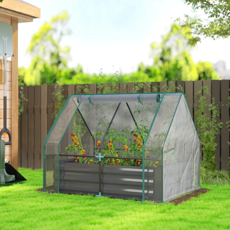 Outsunny 4 x 3 x 3ft Raised Garden Bed with Mini Greenhouse, Galvanized Raised Garden Bed with Cover, Clear and Dark Gray