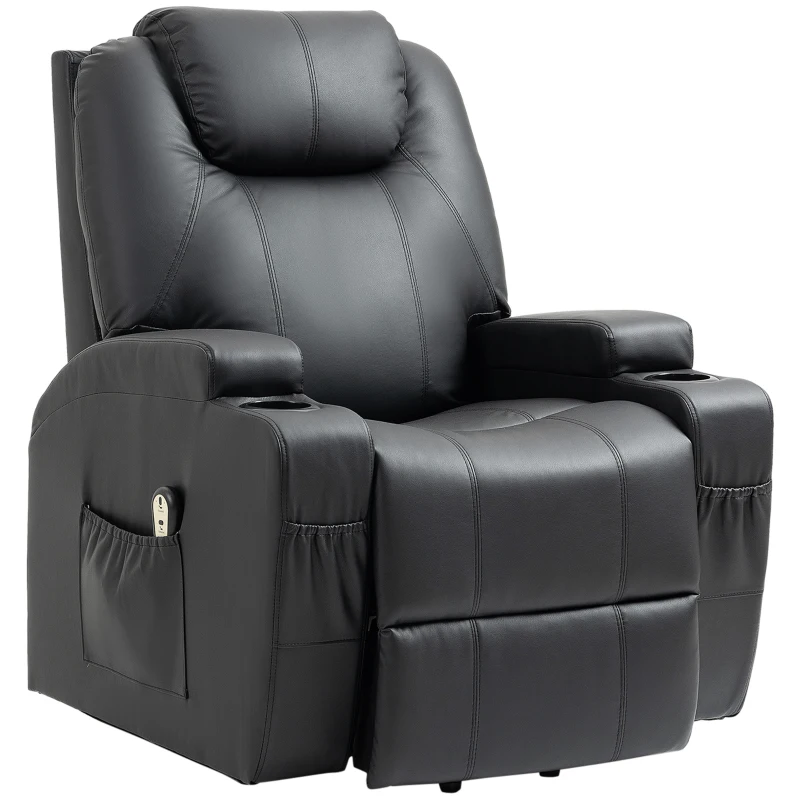 HOMCOM Power Lift Recliner Chair for Elderly, PU Leather Lift Chair with Thick and High Back, Footrest, Remote, Side Pockets, Cup Holders, Reclining Sofa for Living Room, Black